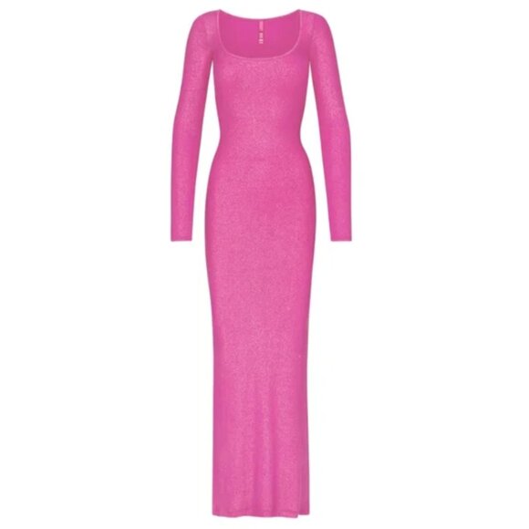 NWT size L SKIMS SOFT LOUNGE SHIMMER LONG SLEEVE DRESS IN FUCHSIA FOIL - Picture 12 of 12